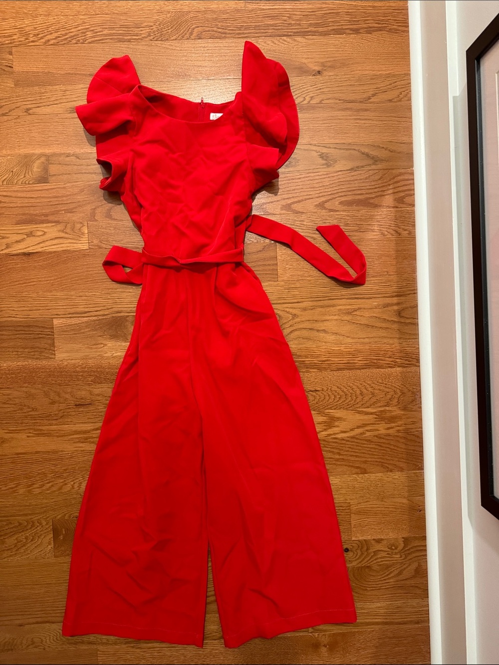 GB girls Red Flutter-Sleeve Wide-Leg Jumpsuit with Self-Tie Waist